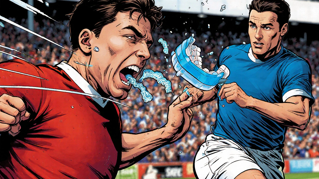 Fotbalista ztrácí rovnátka při nárazu, zatímco jiný sportovec má na sobě ochranný štít.