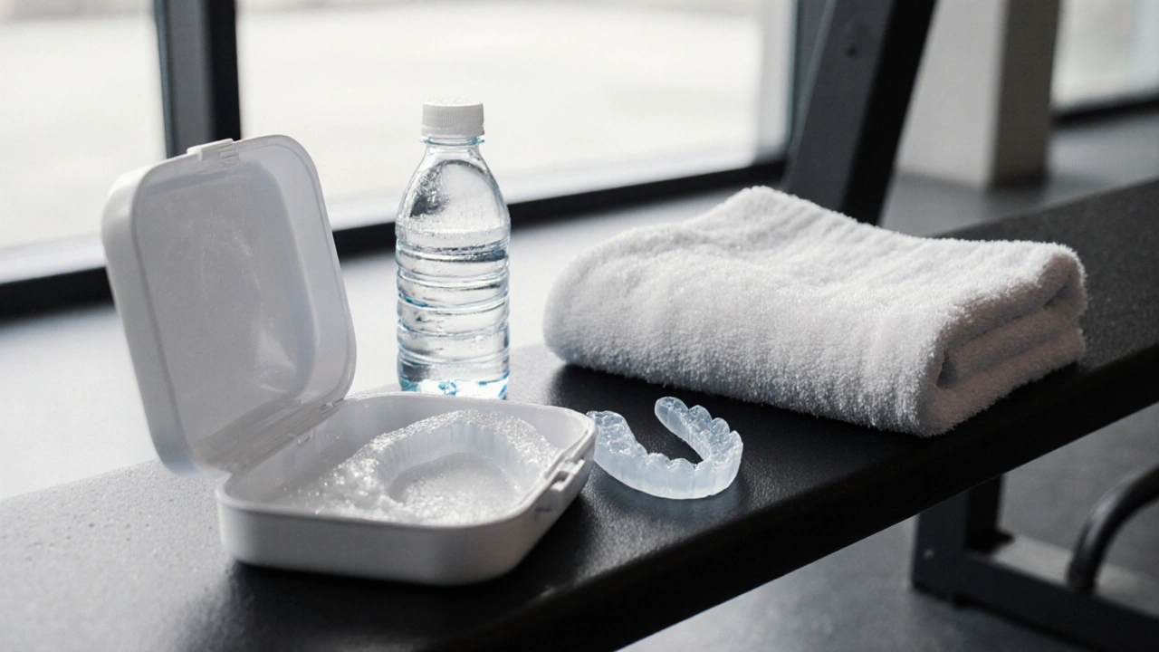 Otevřená nádobka na rovnátka, čisticí roztok a ochranný štít na lavičce v tělocvičně.