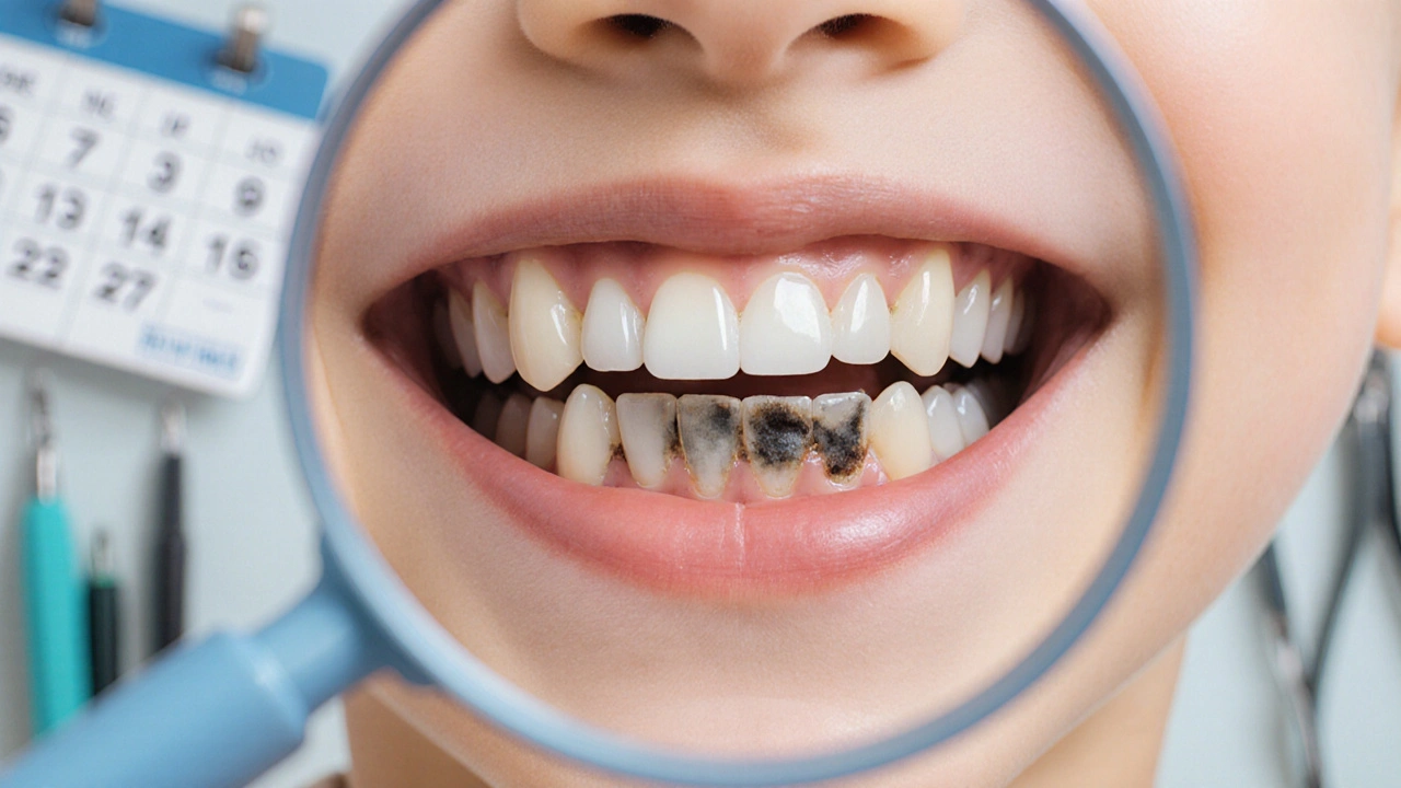 Dětské trvalé zuby s šedivými a hnědými skvrnami způsobenými tetracyklinem.