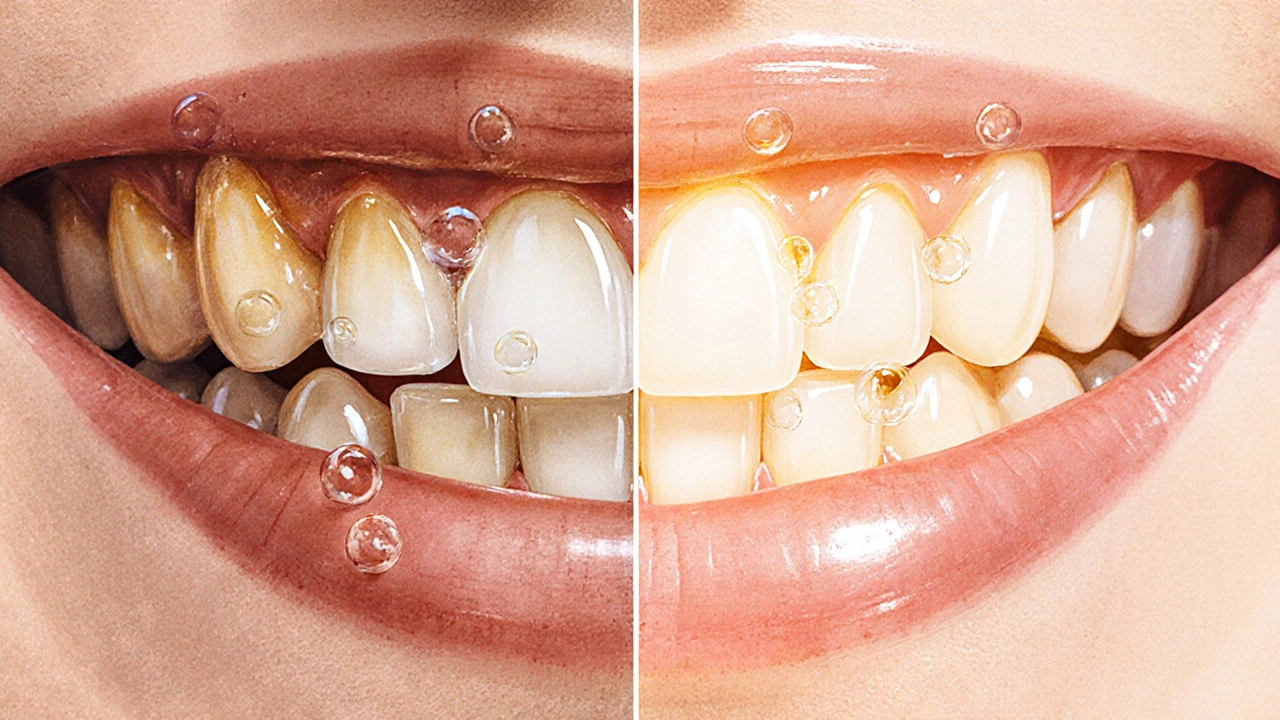 Dva zuby vedle sebe: jeden žlutý, druhý bělý, s jemnými bublinkami kyslíku.