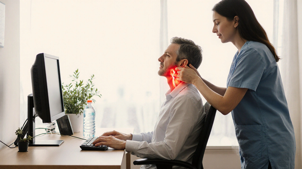Ergonomické pracoviště a fyzioterapeut pomáhají pacientovi s čelistí.