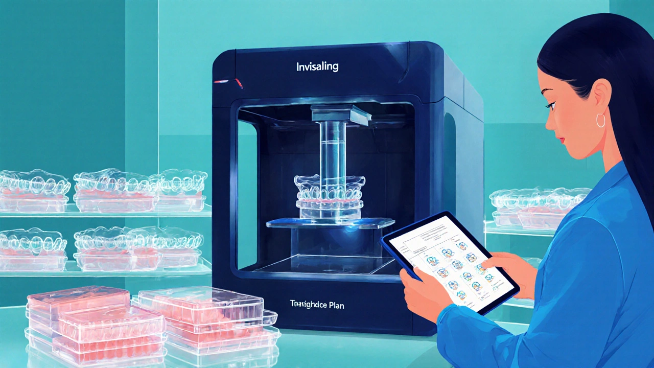Laboratorní prostor s 3D tiskárnou vyrábějící průhledné Invisalign alignery.