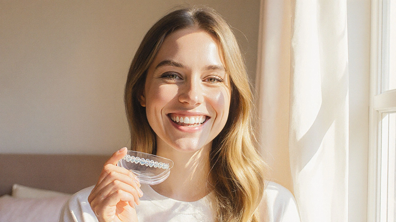 Mladá žena ukazuje úsměv s nasazenými Invisalign a následnými retenčními nosiči.