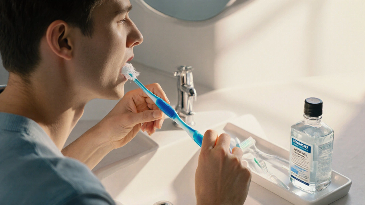 Osoba čistí zuby kartáčkem, používá nit a ústní vodu v moderní koupelně.