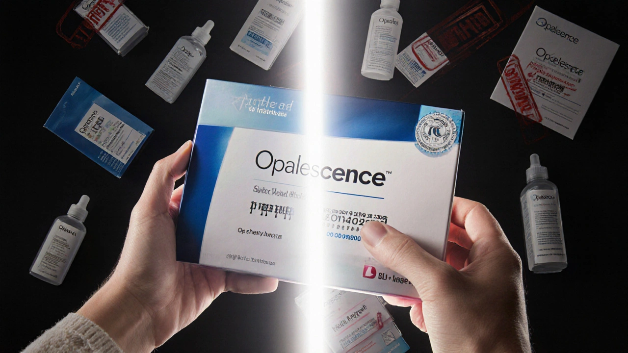 Osoba drží autentický balíček Opalescence, zatímco falešné produkty jsou v stínu.