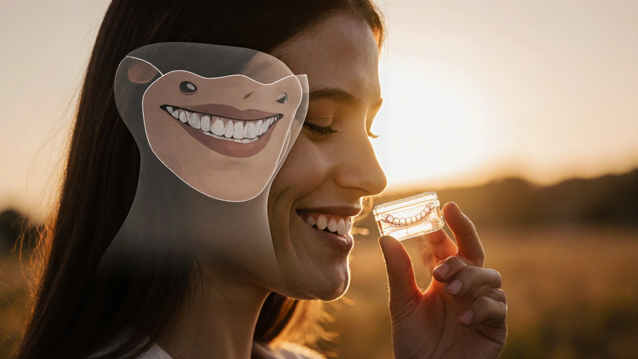 Osoba drží případ s korektory, za ní přechod od špatně zarovnaných k dokonale rovným zubům.