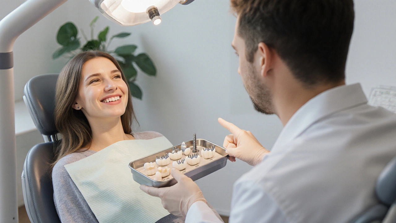 Pacient a zubař u stolu s výběrem šesti typů korunek.