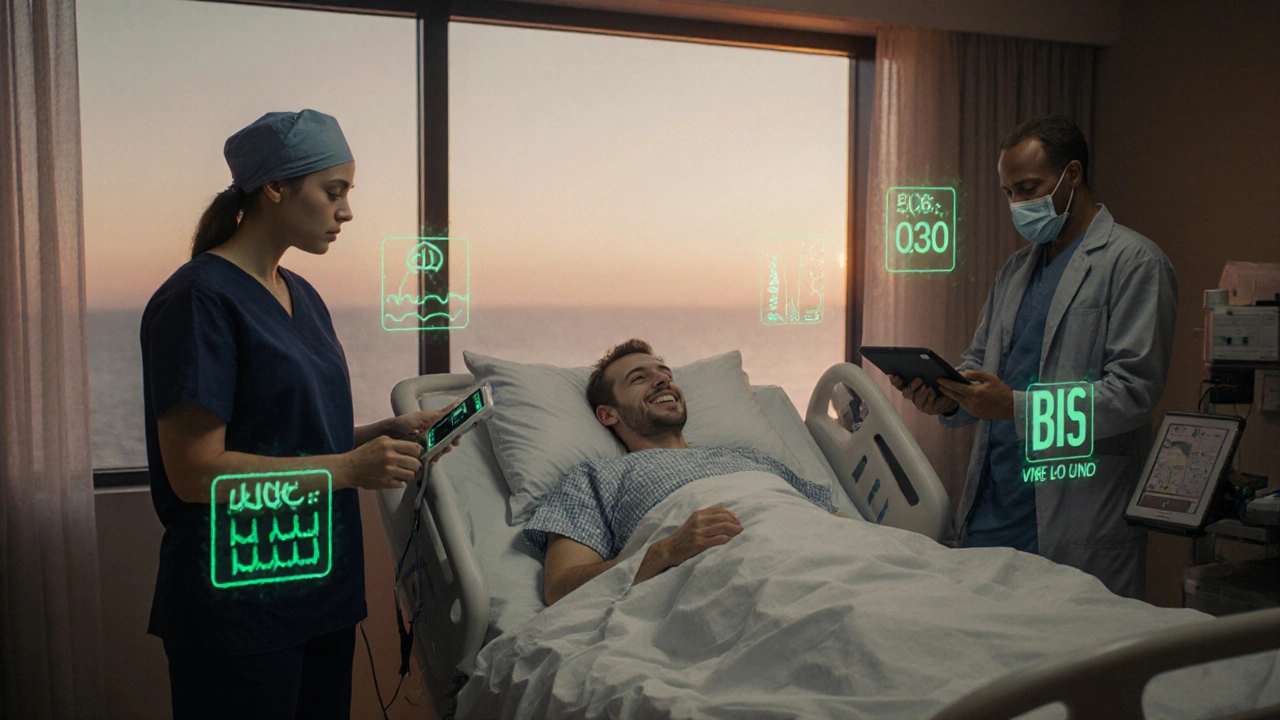 Pooperační monitoring pacienta s hologramy vitálních funkcí v moderní místnosti.