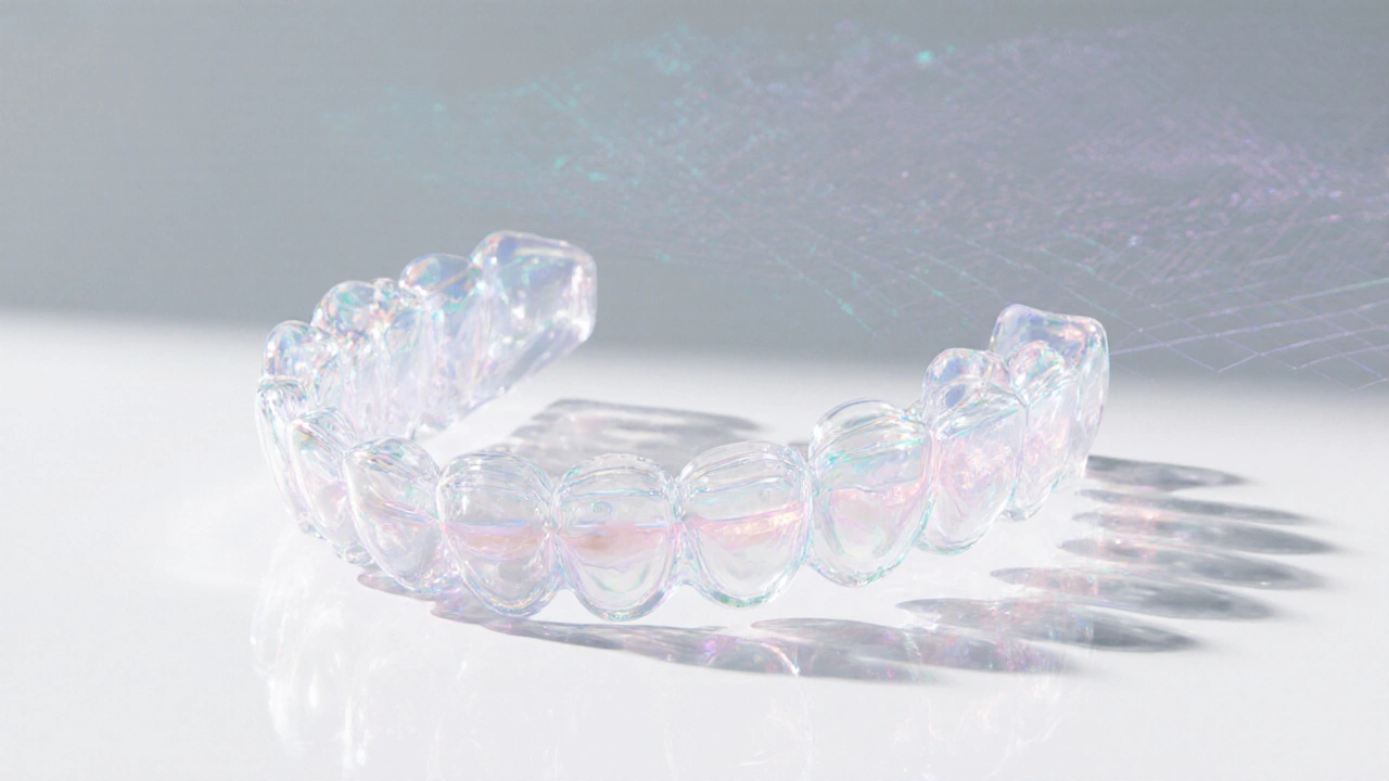 Průhledné korektory zubů ležící na bílé ploše s jemným odstínem 3D plánování.