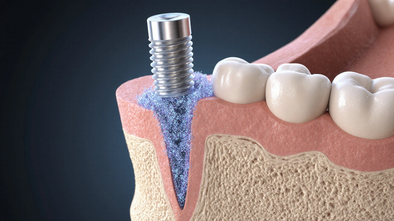 Řezová ukázka čelistní kosti s titanovým implantátem a procesem osteointegrace.