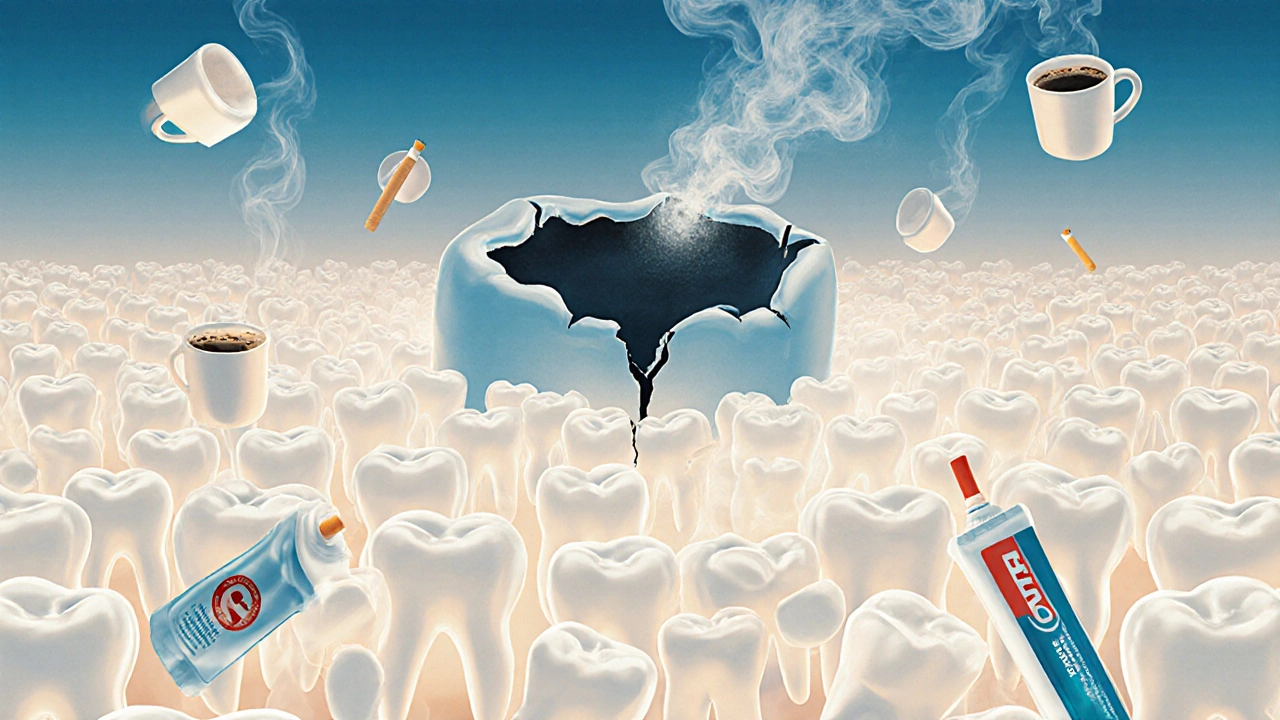 Tmavá plomba jako ostrov mezi bělými zuby