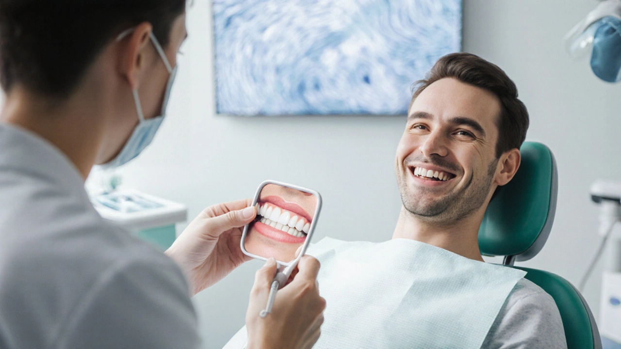 Usměvavý pacient kontroluje své nové veneer během kontrolní návštěvy.