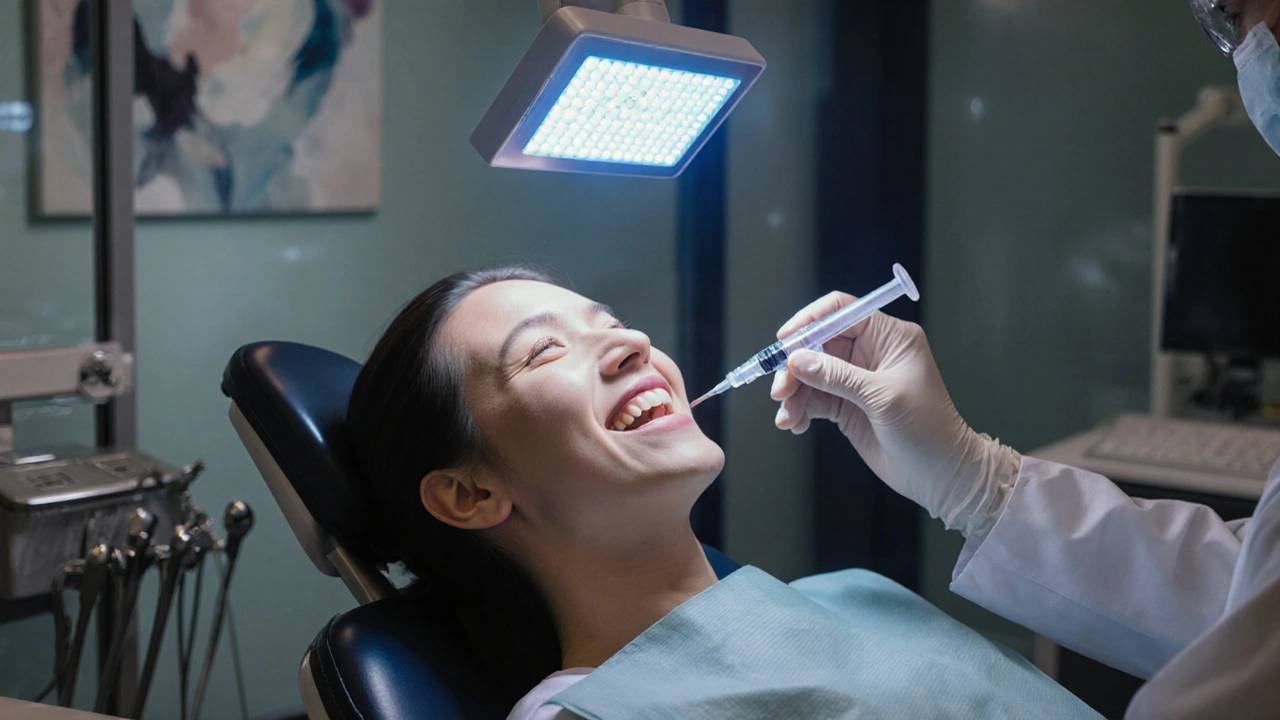Zubař aplikující bělicí gel na zuby pacienta pod LED světlem v moderní klinice.
