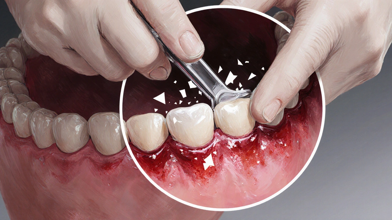 Zubař odstraňuje zubní kámen skalátorem, ukazuje zdravou dásňovou tkáň.