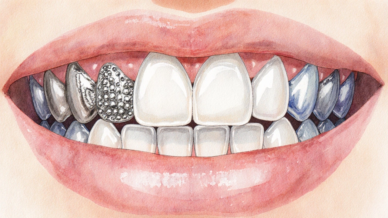 Zubní řada s různými korunkami: zink‑cín, metal‑keramika, porcelán, kompozit, titan.