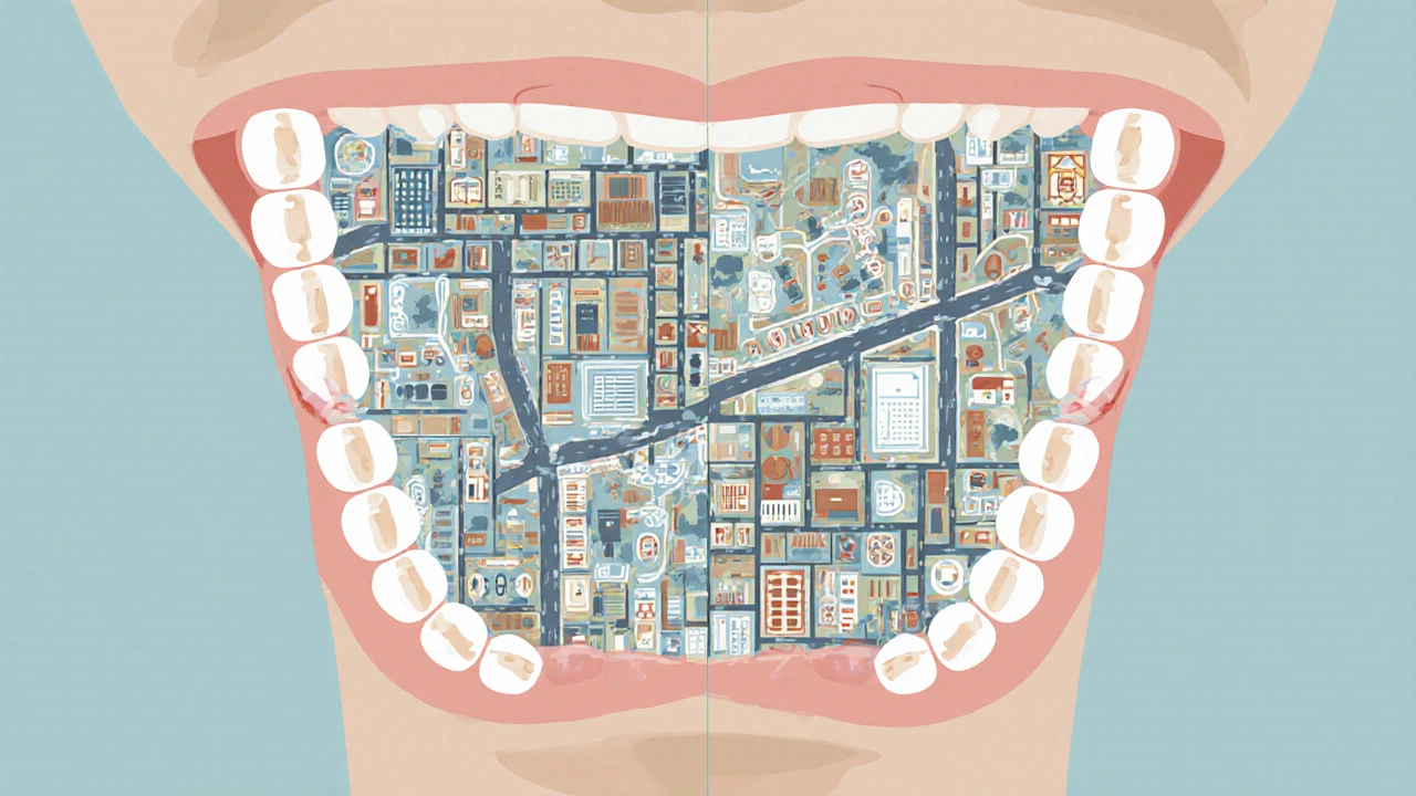 Abstraktní mapa úst jako města, kde každý typ zubu představuje různý typ budovy nebo ulice.