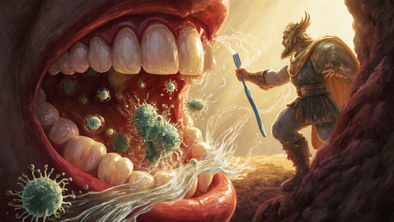 Boj bakterií proti zubnímu enamelu, kde kartáček a nit zastupují hrdiny.