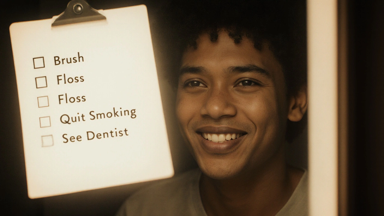 Člověk se dívá do zrcadla a zastavuje se před úsměvem kvůli tmavým skvrnám na zubech.