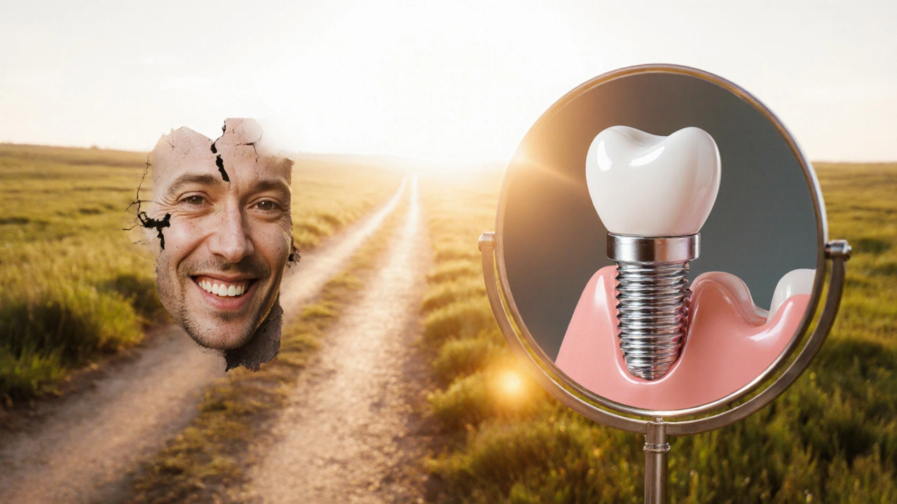 Contrasting paths: crumbling bridge with receding bone versus thriving implant with healthy jawbone.