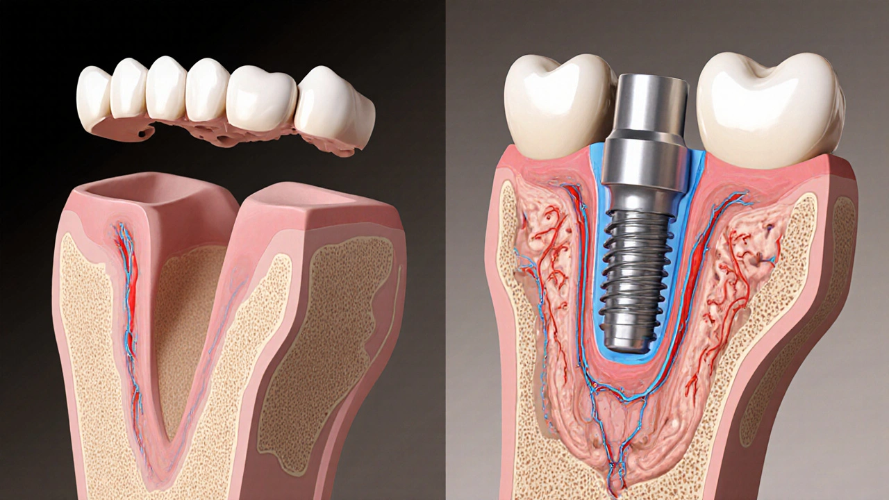 Cross-section of jawbone showing bone loss under a bridge versus healthy bone around an implant.
