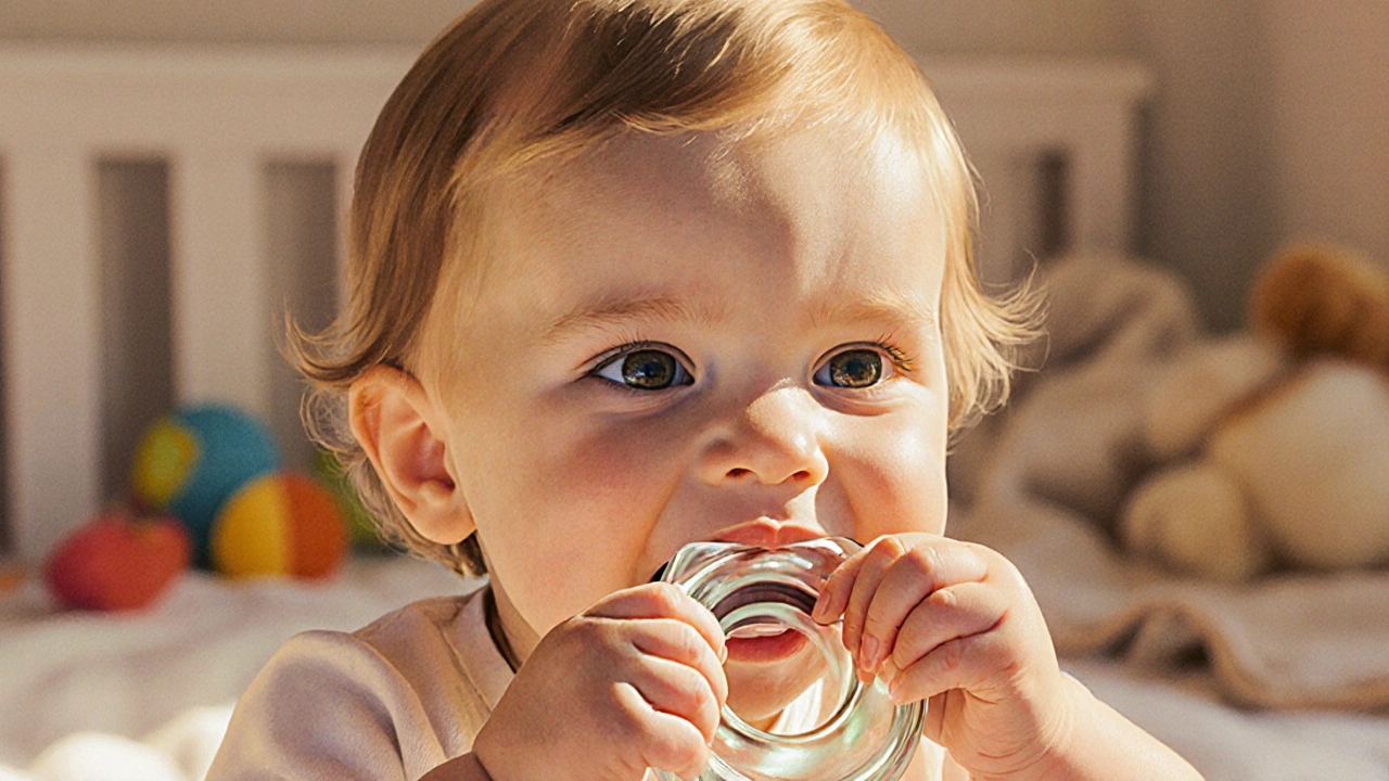 Dítě hryzoucí chladný teething kroužek v klidném prostředí.