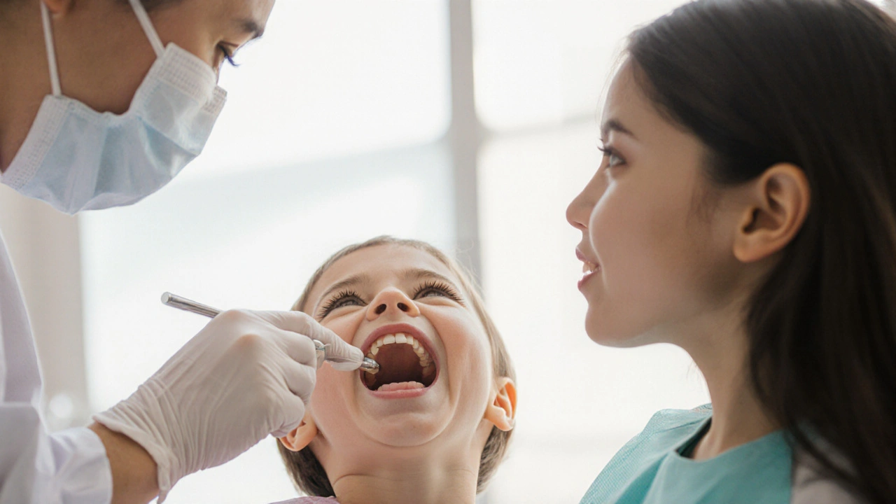 Dítě s otevřenými ústy, kde zubař ukazuje na první molár, který vyrůstá za mléčnými zuby.