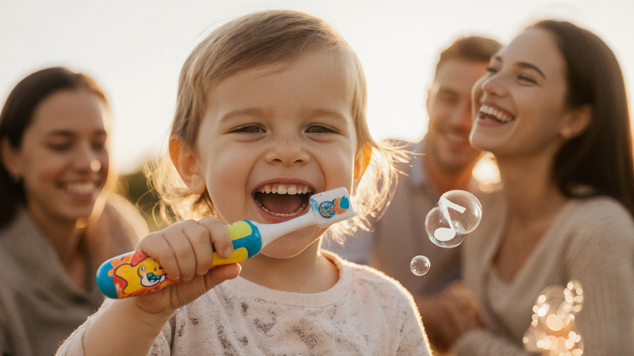 Dítě se směje, zatímco čistí zuby barevným sonickým kartáčkem.