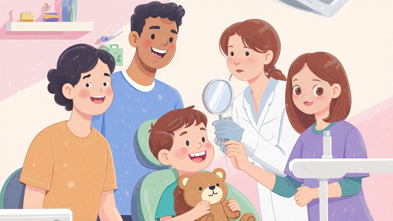 Dítě u zubaře s hračkou během preventivní prohlídky