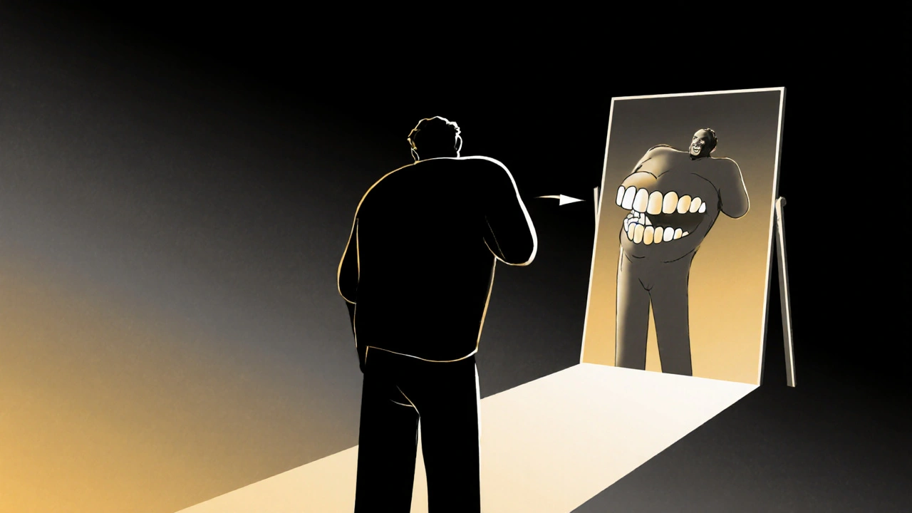 Dvě verze stejné osoby v zrcadle: jedna s tmavými zuby a zklamaným výrazem, druhá s bílými zuby a radostným úsměvem.