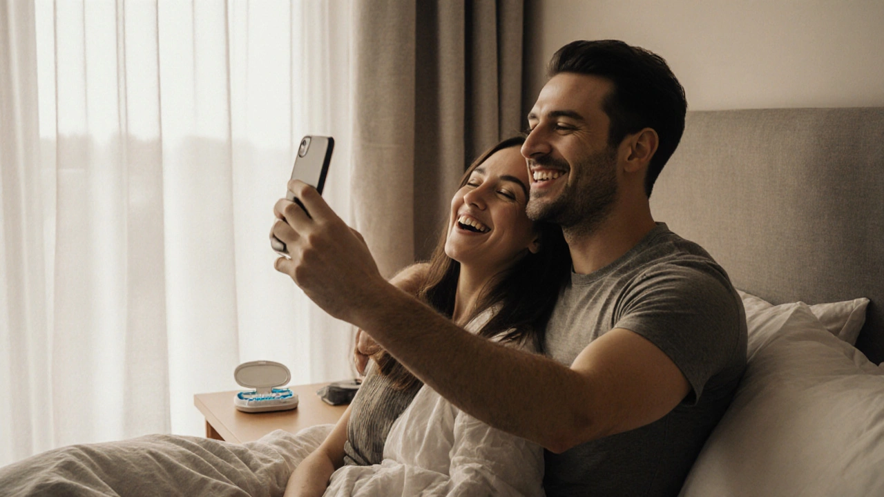 Dvojice se směje při fotení selfie, jejich důvěrné úsměvy osvěžují celou scénu.