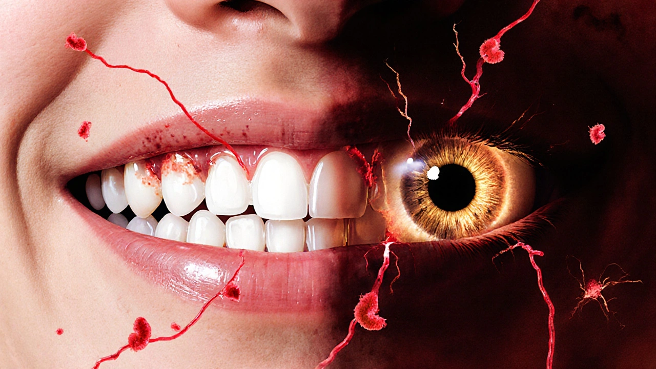 Koncepční ilustrace s propojenými těly: zdravé zuby a zánětlivé dásně spojené krvními cévami směřujícími do sítnice.