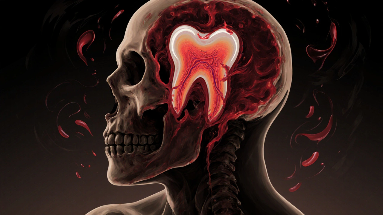 Křížový řez hlavy ukazující zvýšený krevní tok a zánět zubního nervu.