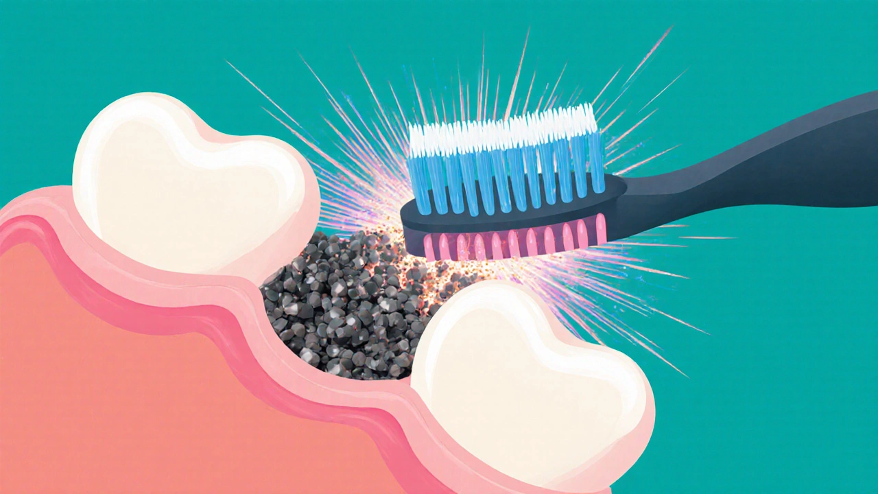 Mikroskopický pohled na sonické vlny rozkládající plak mezi zuby.