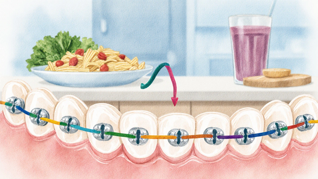 Ortodontické gumičky na zubech přitahují čelisti do správné polohy, kolem nich jídla.