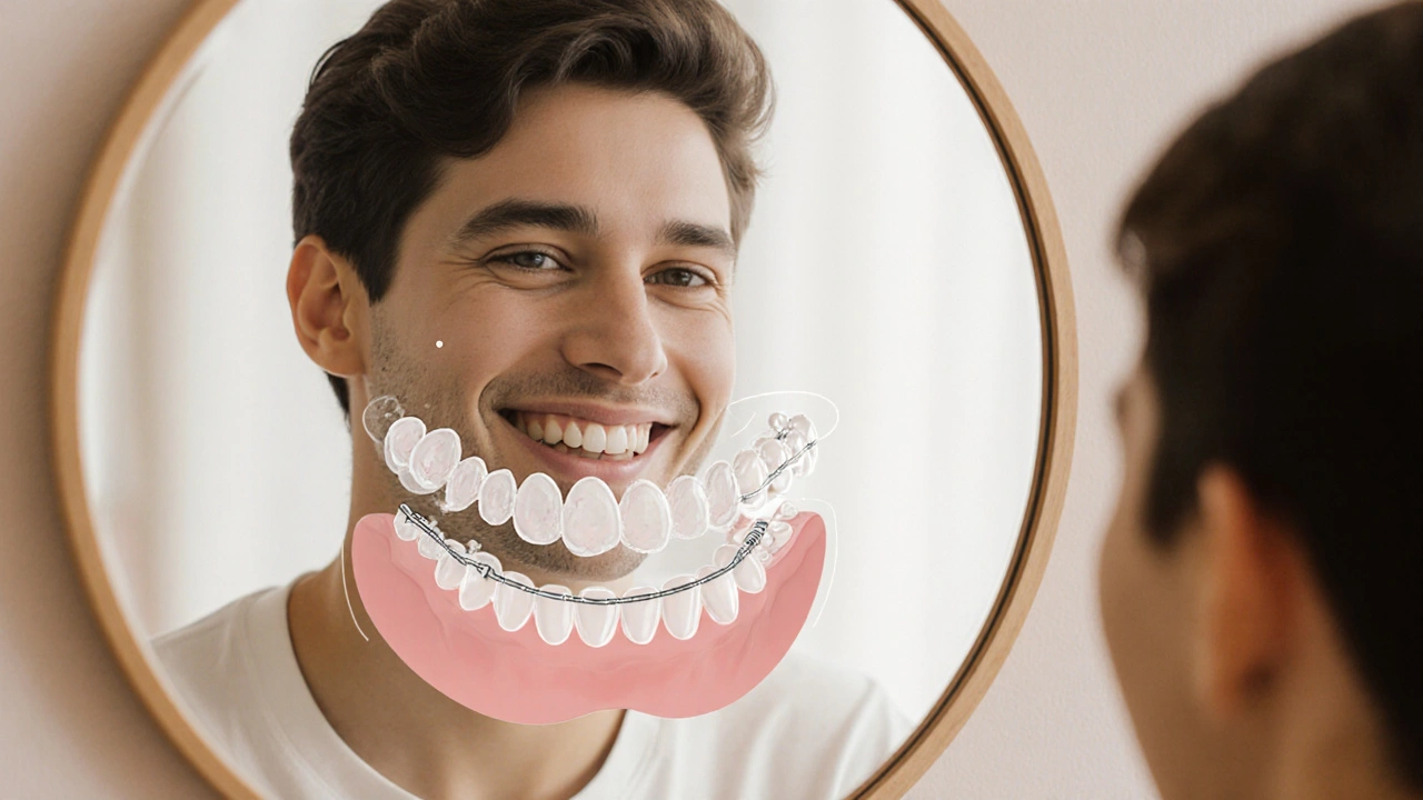 Osoba se dívá do zrcadla, zatímco na vnitřní straně zubů je vidět fixní retainer.