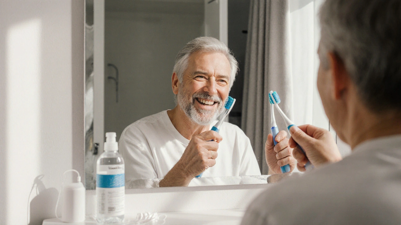 Osoba se s úsměvem dívá do zrcadla, drží kartáček a mezizubní kartáček.