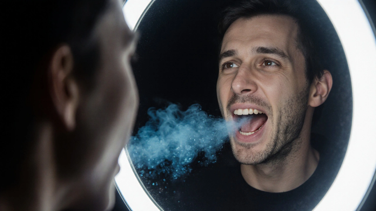 Osoba v zrcadle s modrým zářením vydávaným z úst jako pachové částice.