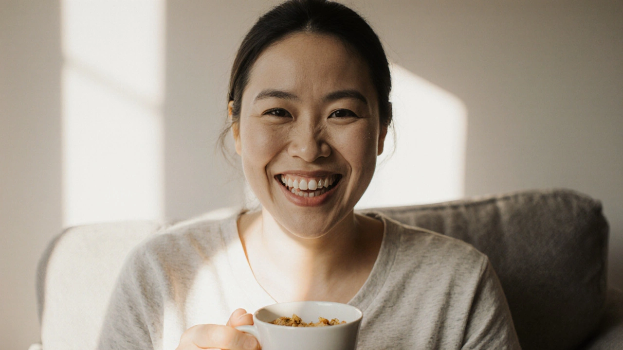 Pacient po operaci šťastně a přirozeně usmívá s jemnými ortodontickými zařízeními.