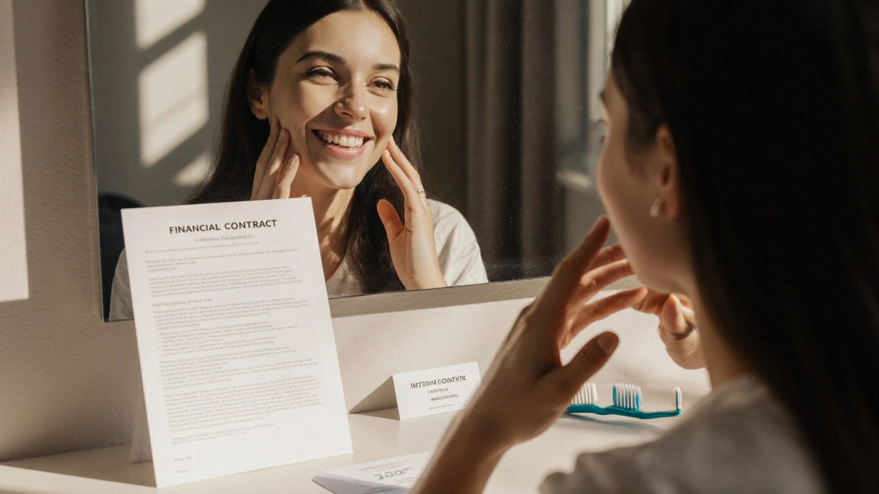 Pár se dívá do zrcadla, kde je vidět jejich dokonalý úsměv s fazetami a měsíční splátka.