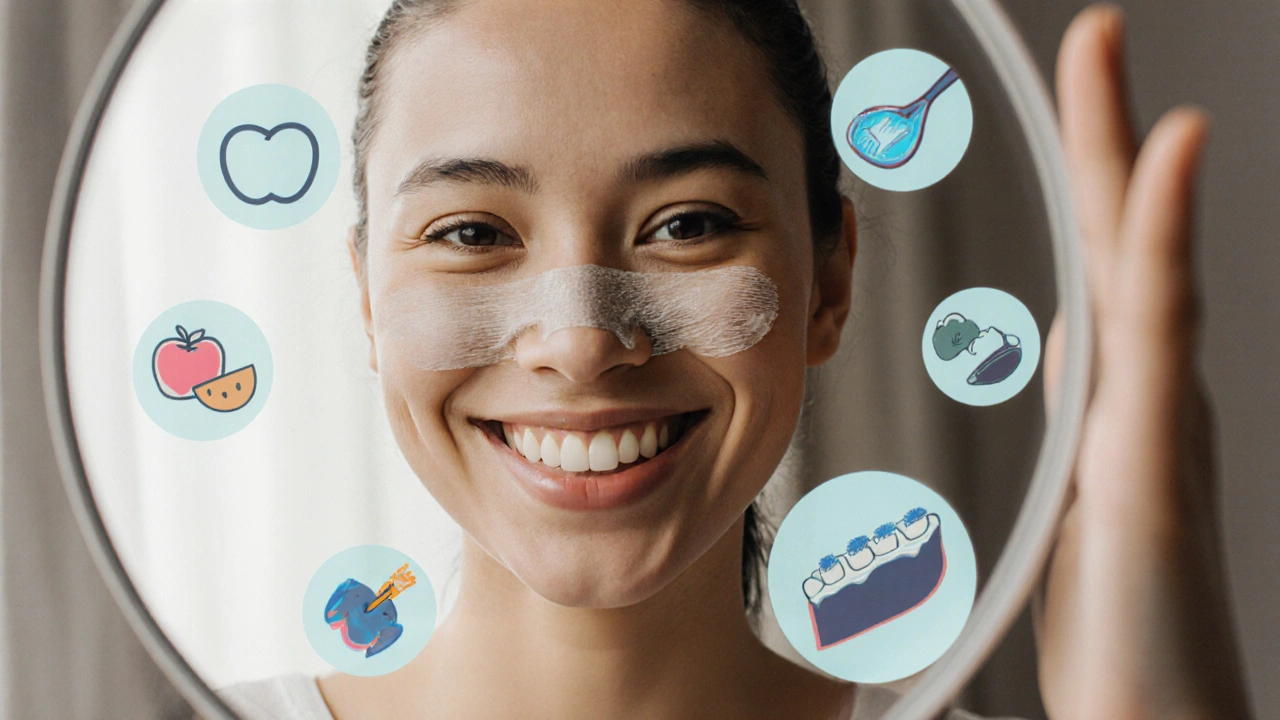Person smiling with veneers, surrounded by symbols of care like toothbrush and night guard.