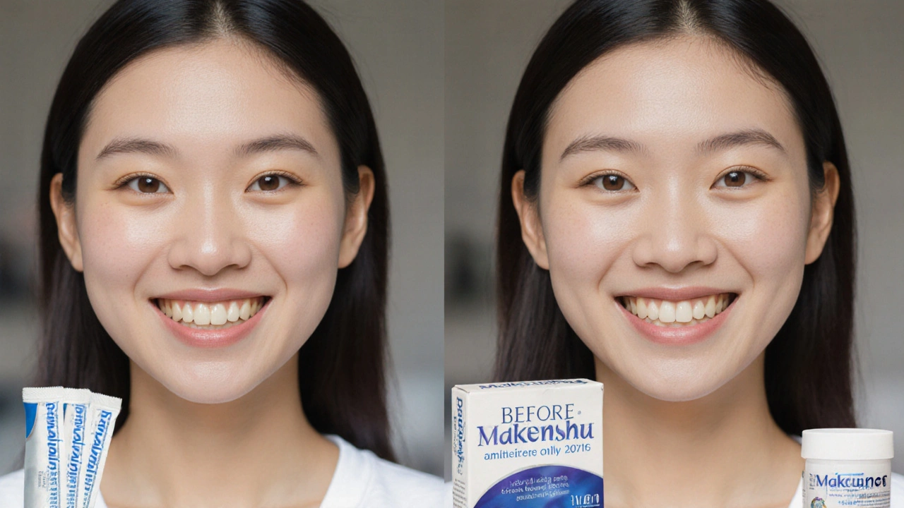 Porovnání před a po bělení zubů bělicími páskami.