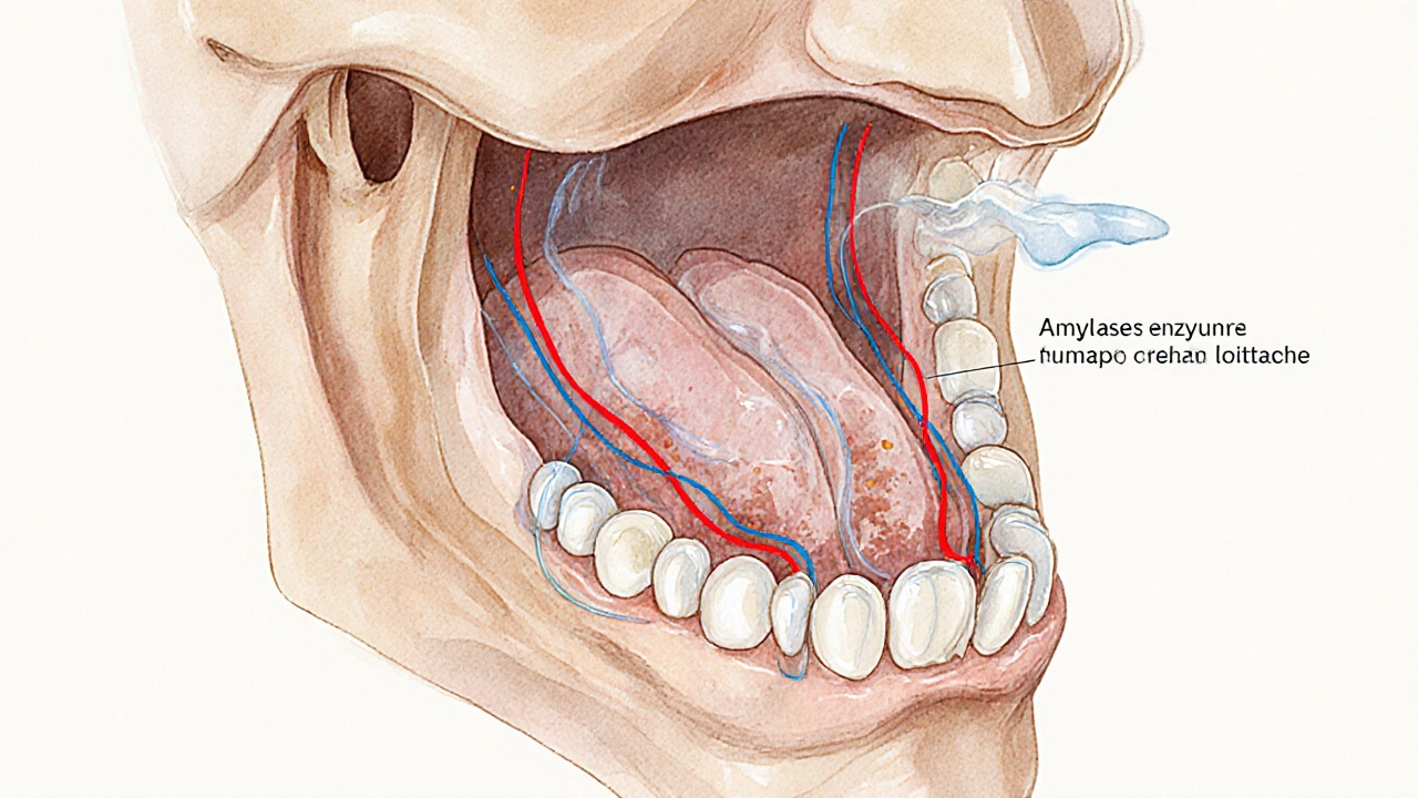 Přehled čelisti s enzymatickým rozkladem škrobu slinami během žvýkání.