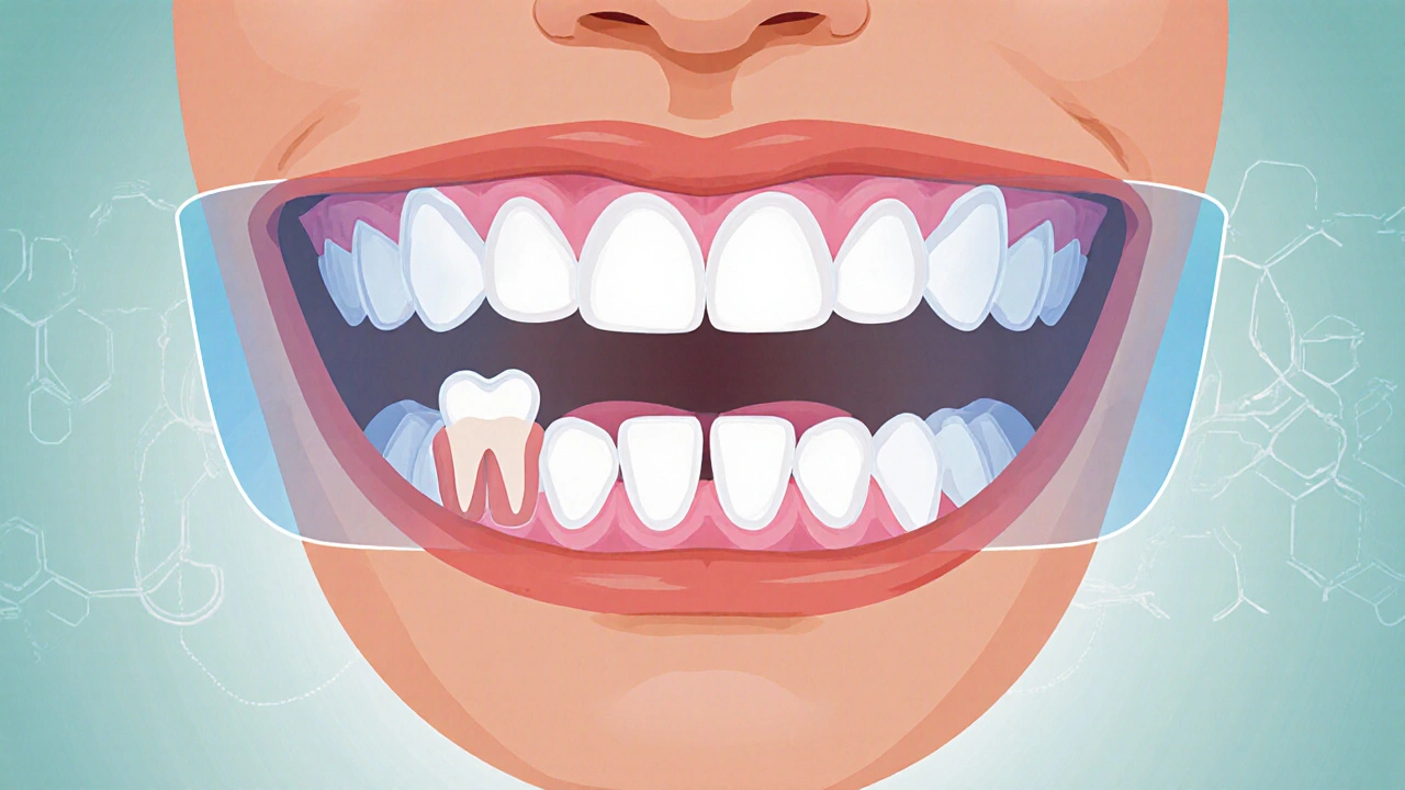 Přehled ústní dutiny: mléčné zuby jako šablona pro trvalé zuby, jeden chybí a zuby se posouvají.