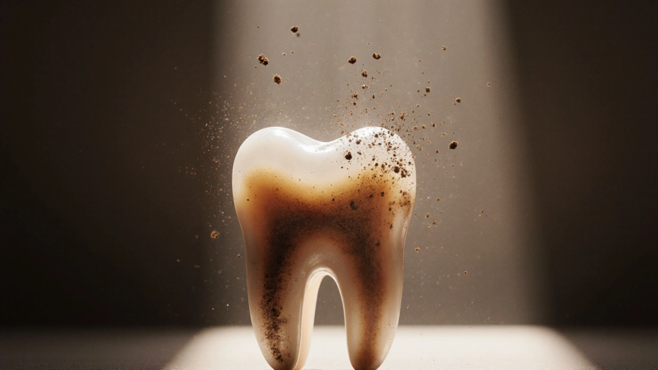 Přehled zubu s odhalenou dentinovou vrstvou pod tenkou sklovinou.