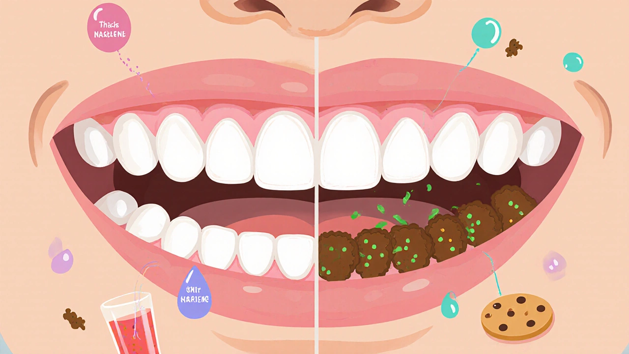 Příčiny zubního kamene u dětí: plak, bakterie a sladké zbytky na zubech.