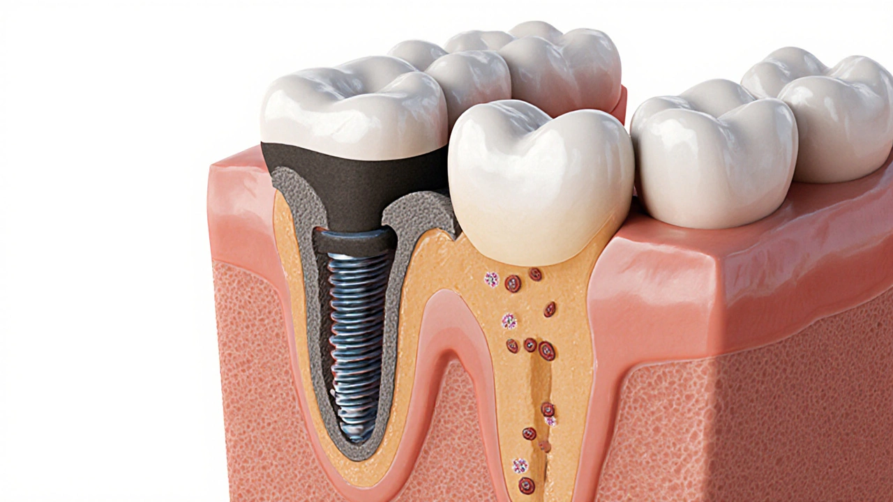 Průřez čelistí ukazující ztrátu kosti kolem implantátu a infikovanou kapsuli.