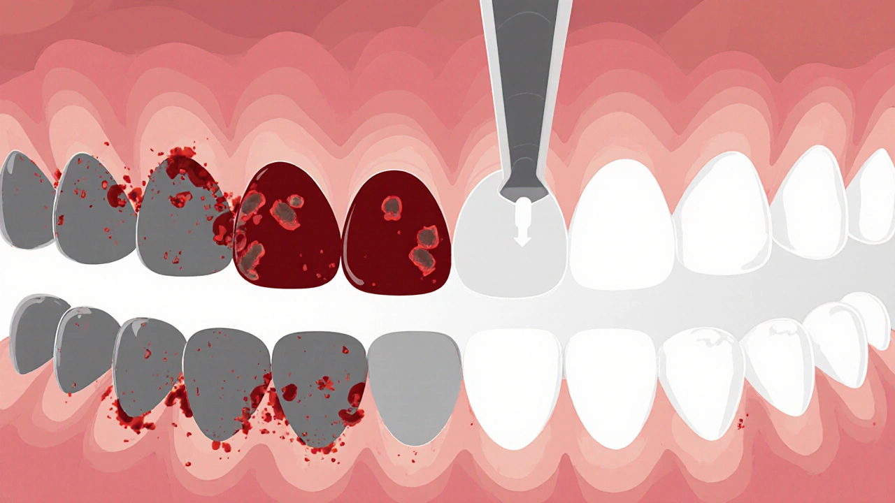 Průřez zubů s plakem a čištění mezery mezizubním kartáčkem.
