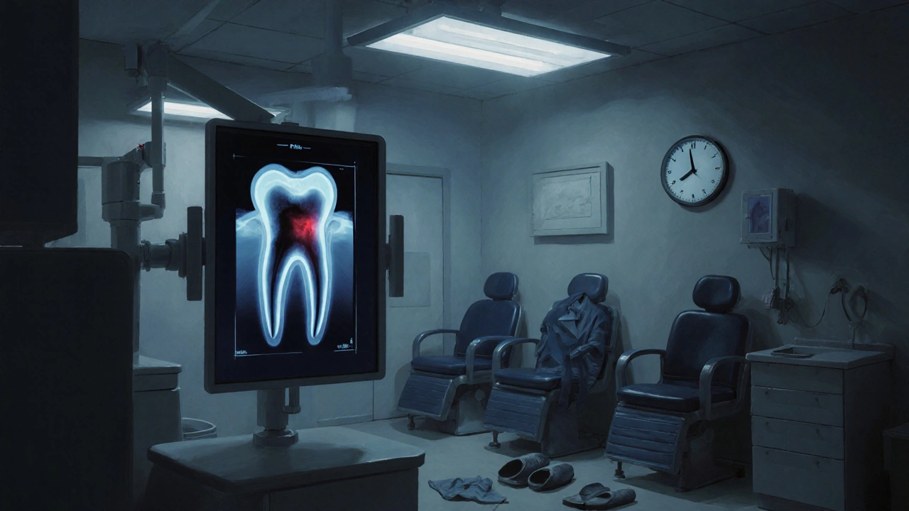 Rentgenový snímek zubu s kazem visí v prázdné zubní klinice v noci.