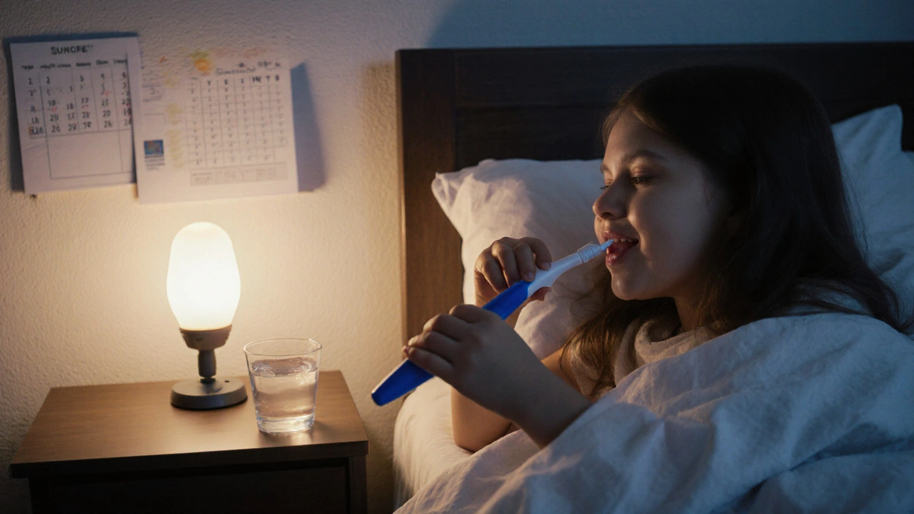 Rodič čistí zuby dítěti večer, vedle je sklenice vody, ne sladký nápoj.