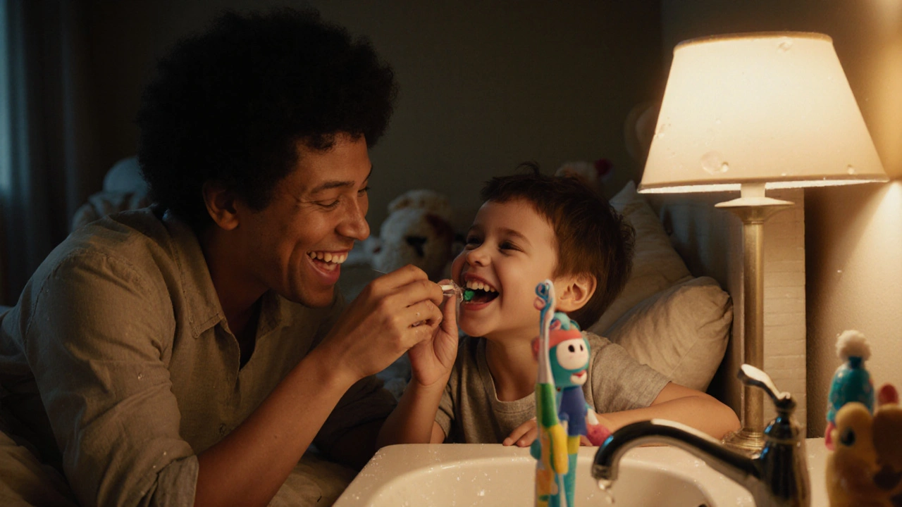 Rodič flossuje zuby dítěti večer v klidné domácí atmosféře.
